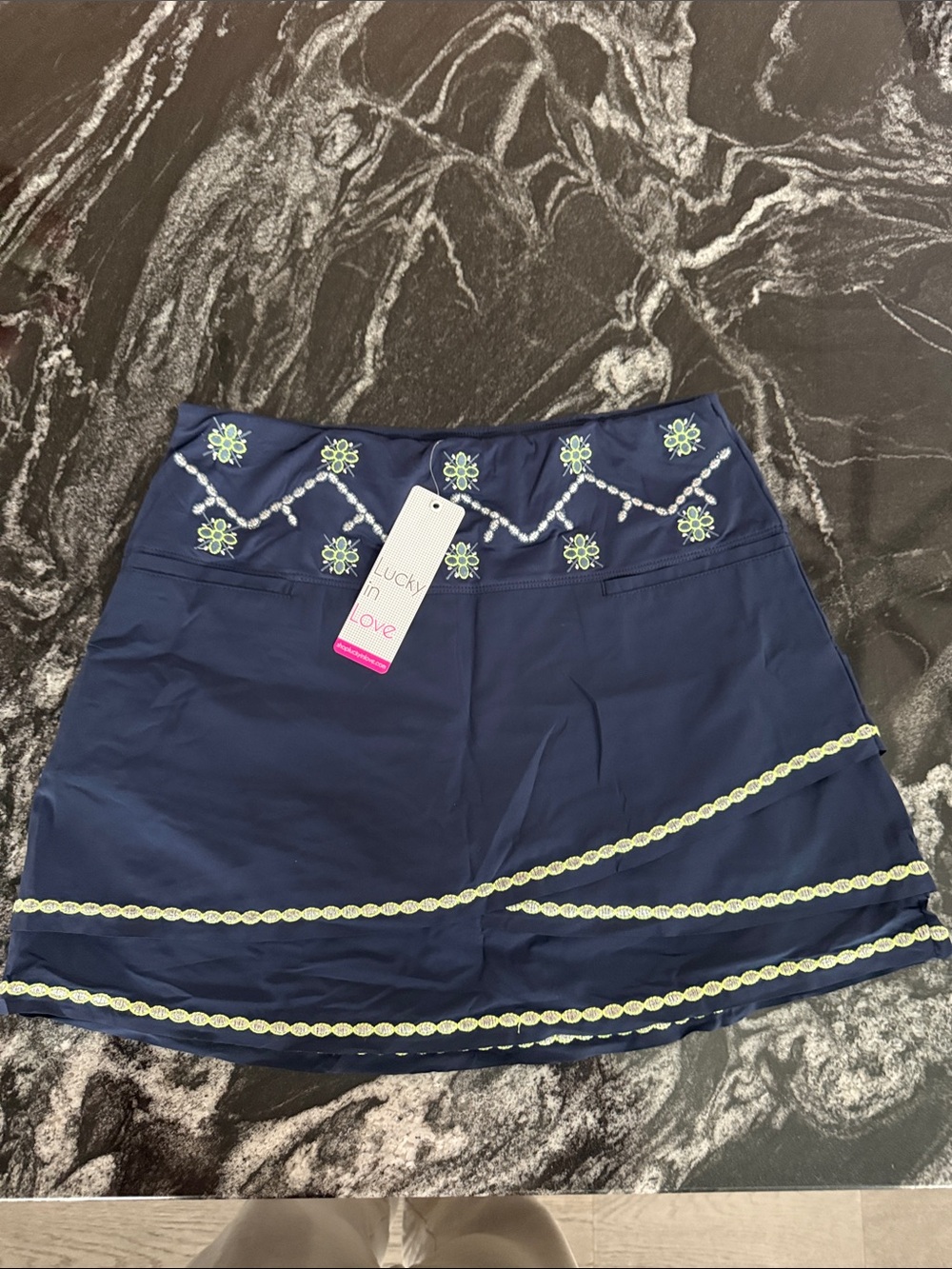 Lucky in Love Navy Skirt with Light Green Embroidery